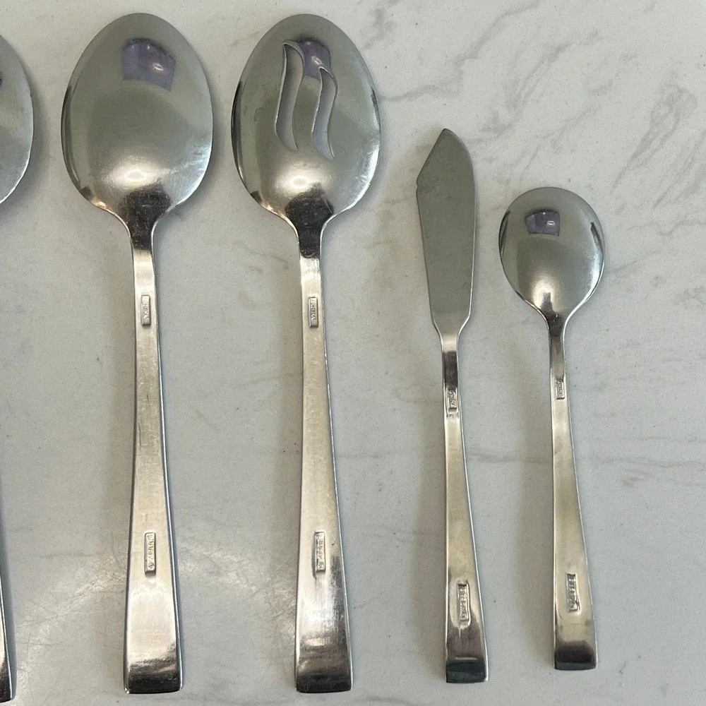 Libbey Flatware Serving Set Stainless Steel Retro Modern Hostess Utensils